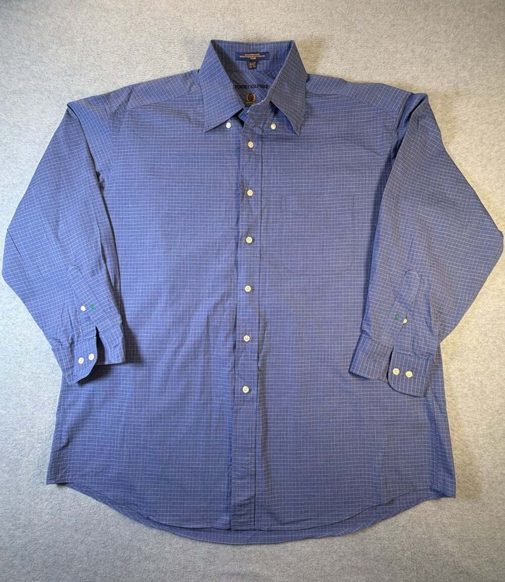 Tommy Hilfiger Mens Long Sleeve Button Down Shirt Blue Plaid Size 16.5 34-35